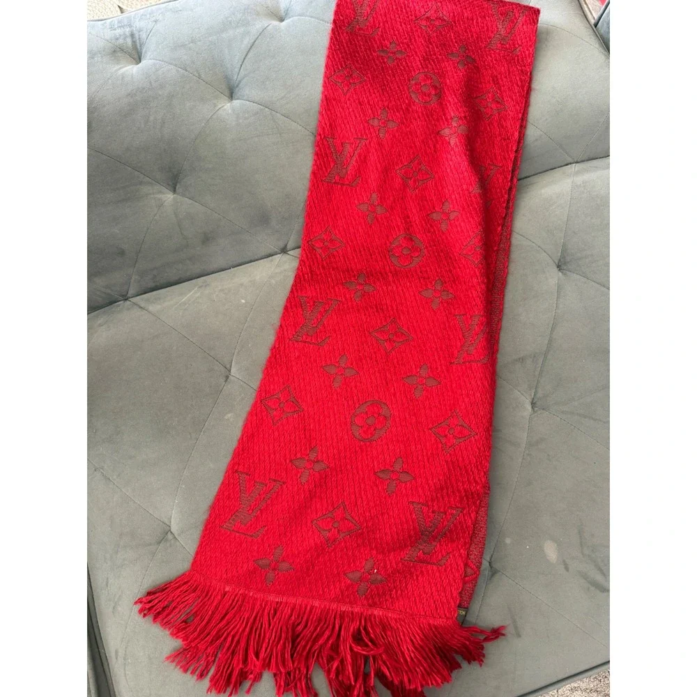 Flat $200 Sale Louis Vuitton Logomania Scarf Ruby Red‎ Wool Silk Monogram M72432